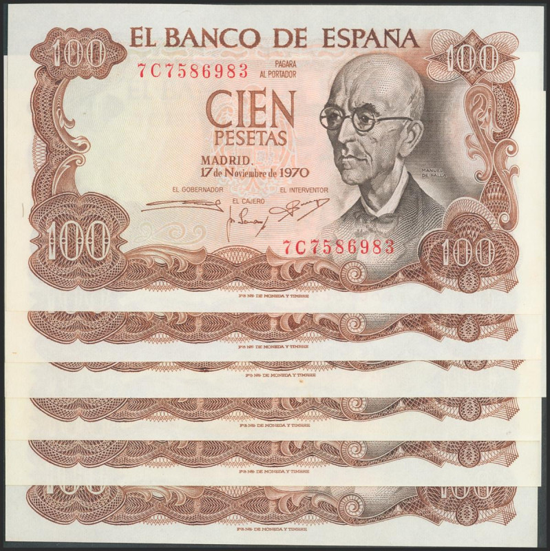 Conjunto de 6 billetes en tramos casi correlativos de 100 Pesetas, emitidos el 1...