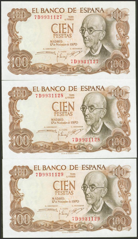 100 Pesetas. 17 de Noviembre de 1970. Trío correlativo. Serie 7D. (Edifil 2017: ...