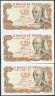 100 Pesetas. 17 de Noviembre de 1970. Trío correlativo. Serie 7D. (Edifil 2017: 472c). Apresto original. SC-.