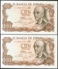 100 Pesetas. 17 de Noviembre de 1970. Pareja correlativa. Serie 7S. (Edifil 2021: 472c). Apresto original. SC.