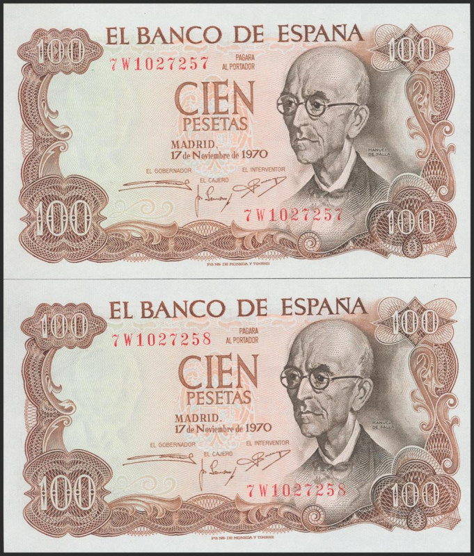 100 Pesetas. 17 de Noviembre de 1970. Pareja correlativa. Serie 7W, última serie...