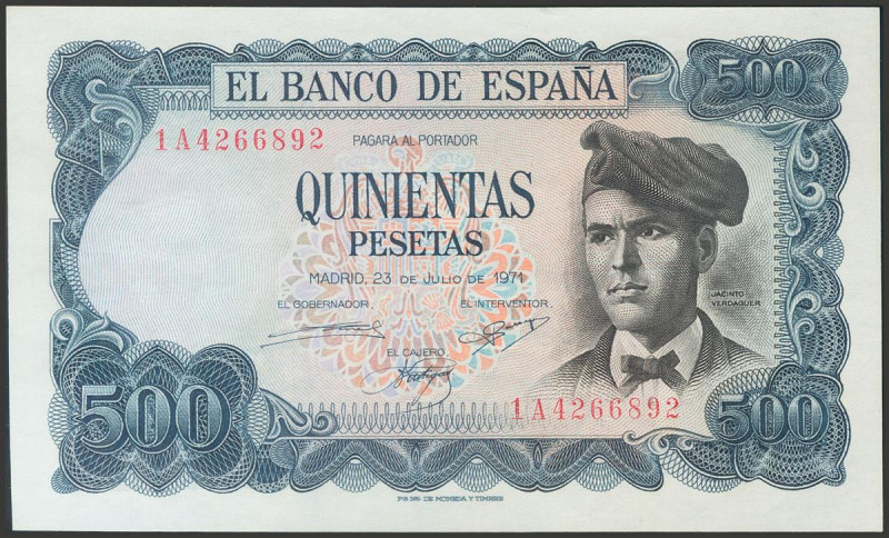 500 Pesetas. 23 de Julio de 1971. Serie 1A. (Edifil 2017: 473a). Apresto origina...