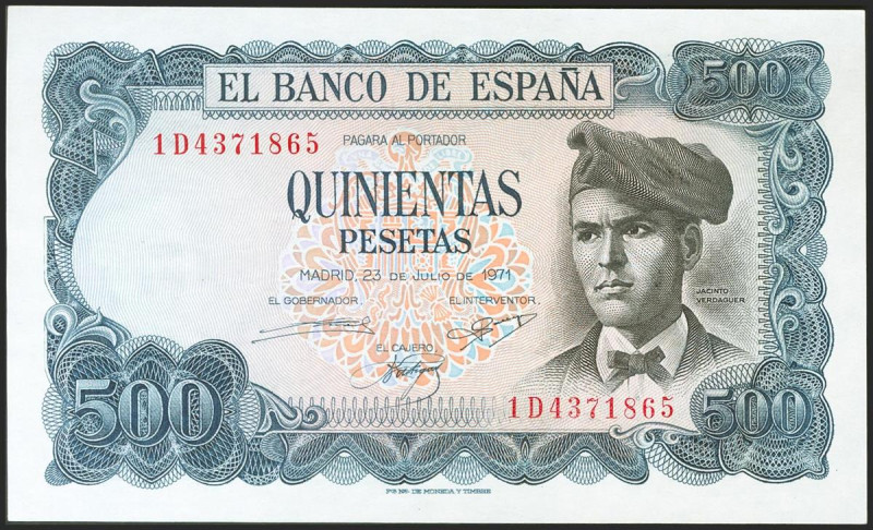 500 Pesetas. 23 de Julio de 1971. Serie 1D. (Edifil 2021: 473a). Conserva todo s...