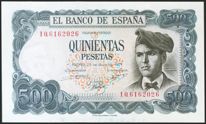 500 Pesetas. 23 de Julio de 1971. Serie 1Q. (Edifil 2021: 473a). Apresto origina...