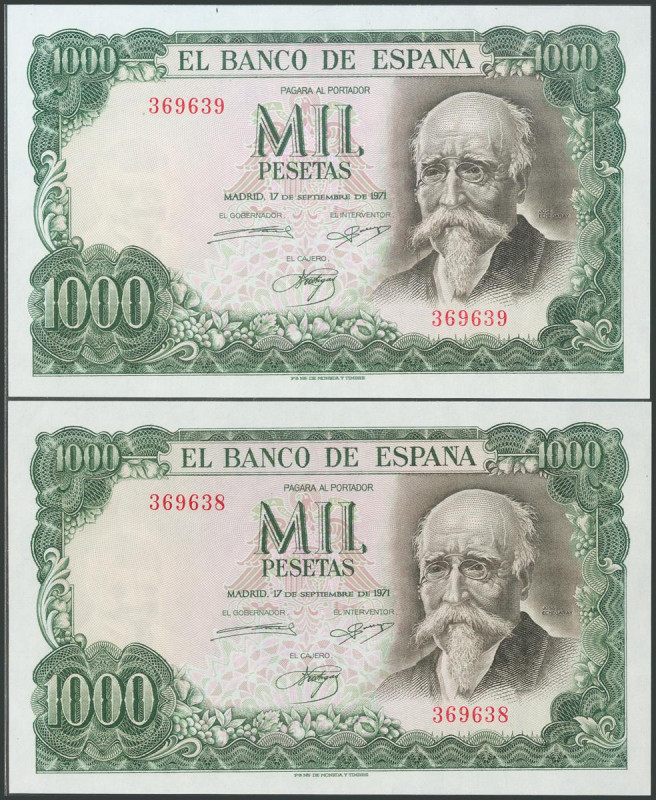 1000 Pesetas. 17 de Septiembre de 1971. Pareja correlativa. Sin serie. (Edifil 2...