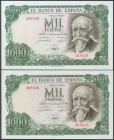 1000 Pesetas. 17 de Septiembre de 1971. Pareja correlativa. Sin serie. (Edifil 2017: 474). Apresto original. SC.