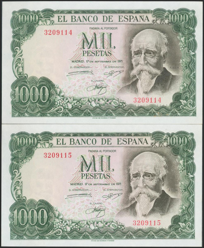 1000 Pesetas. 17 de Septiembre de 1971. Pareja correlativa. Sin serie. (Edifil 2...