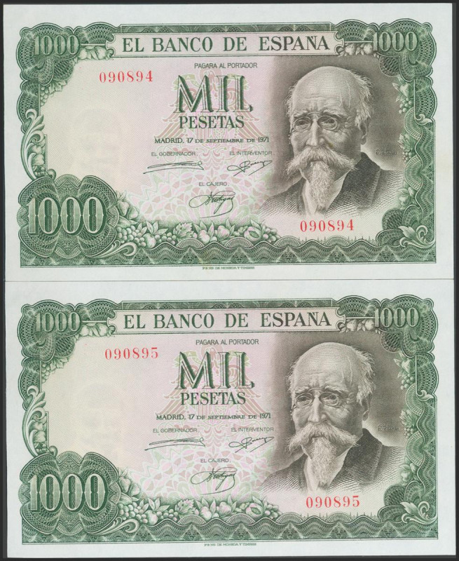 1000 Pesetas. 17 de Septiembre de 1971. Pareja correlativa. Sin serie. (Edifil 2...