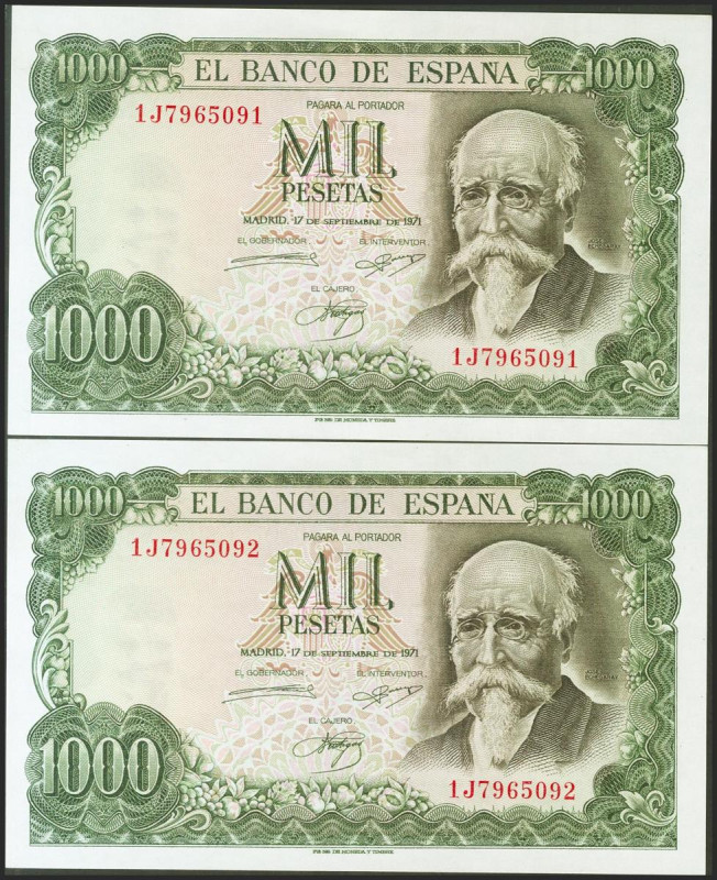 1000 Pesetas. 17 de Septiembre de 1971. Pareja correlativa. Serie 1J. (Edifil 20...