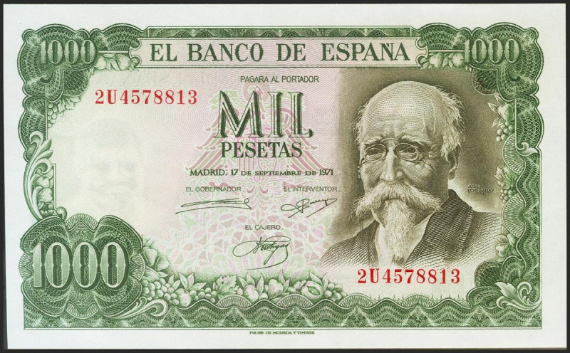 1000 Pesetas. 17 de Septiembre de 1971. Serie 2U. (Edifil 2021: 474c). Apresto o...