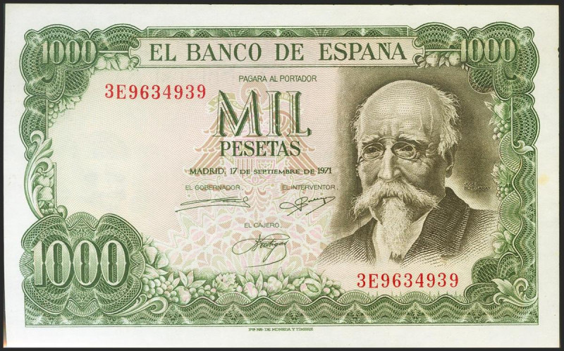 1000 Pesetas. 17 de Septiembre de 1971. Serie 3E. (Edifil 2021: 474c). Apresto o...