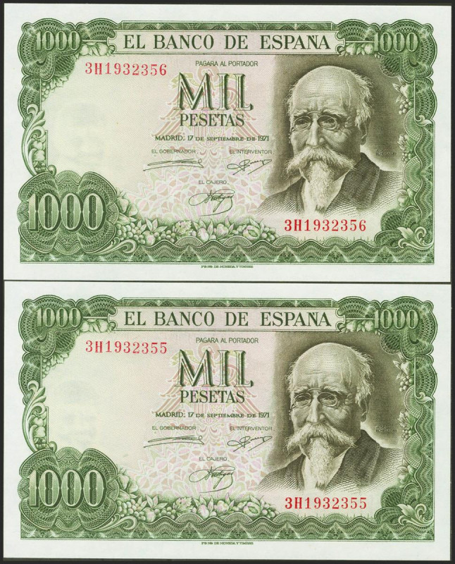 1000 Pesetas. 17 de Septiembre de 1971. Pareja correlativa. Serie 3H. (Edifil 20...
