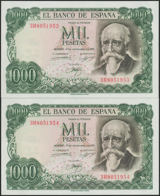 1000 Pesetas. 17 de Septiembre de 1971. Pareja correlativa. Serie 3H. (Edifil 20...