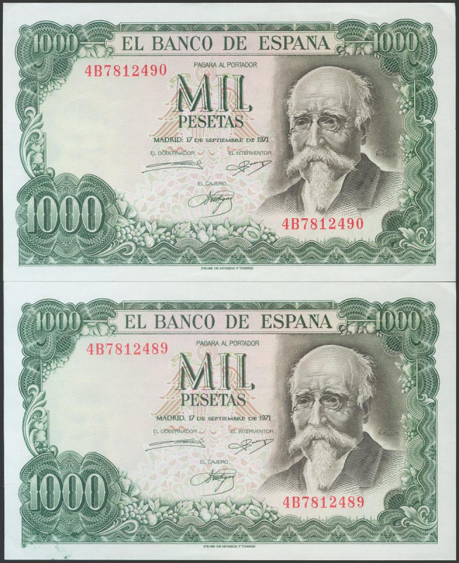 1000 Pesetas. 17 de Septiembre de 1971. Pareja correlativa. Serie 4B. (EDifil 20...