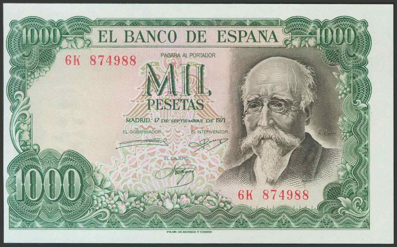 1000 Pesetas. 17 de Septiembre de 1971. Error de guillotinado descentrado". Seri...