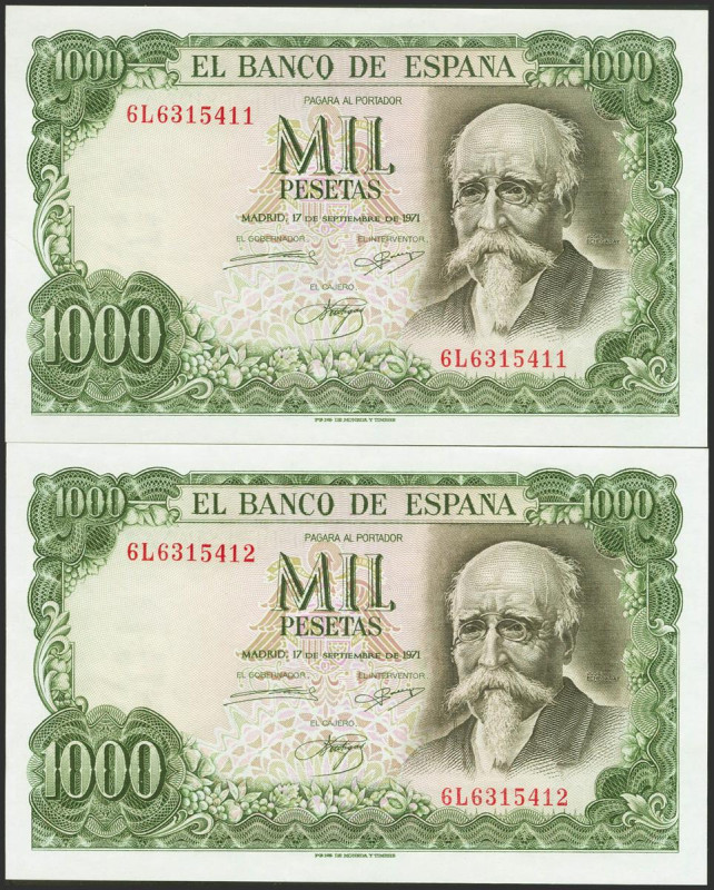 1000 Pesetas. 17 de Septiembre de 1971. Pareja correlativa. Serie 6L. (Edifil 20...