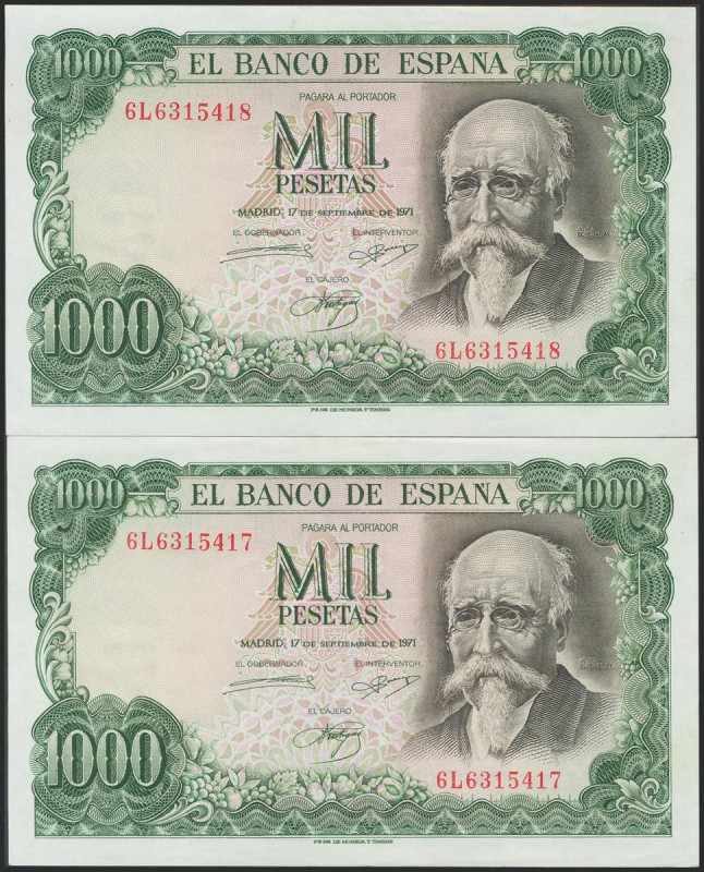 1000 Pesetas. 17 de Septiembre de 1971. Pareja correlativa. Serie 6L. (Edifil 20...