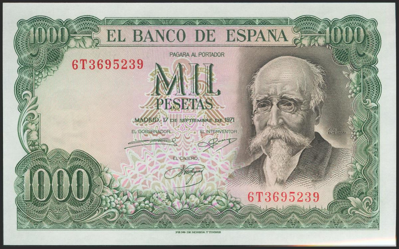 1000 Pesetas. 17 de Septiembre de 1971. Serie 6T. (Edifil 2021: 474c). Apresto o...