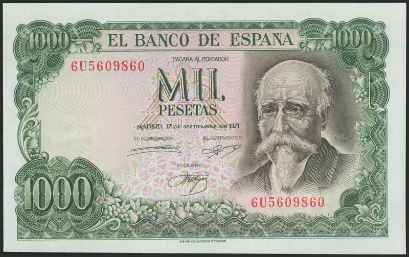 1000 Pesetas. 17 de Septiembre de 1971. Serie 6U. (Edifil 2021: 474c). Apresto o...