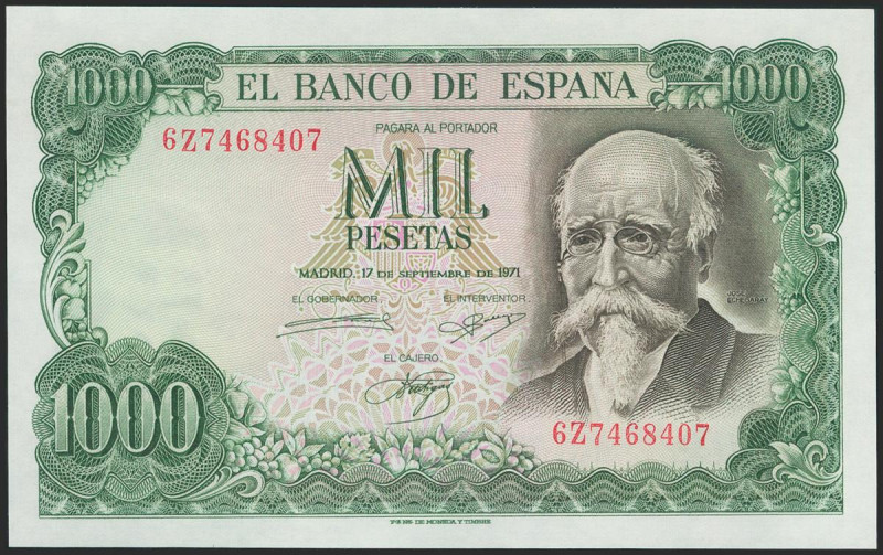 1000 Pesetas. 17 de Septiembre de 1971. Serie 6Z. (Edifil 2021: 474c). Apresto o...