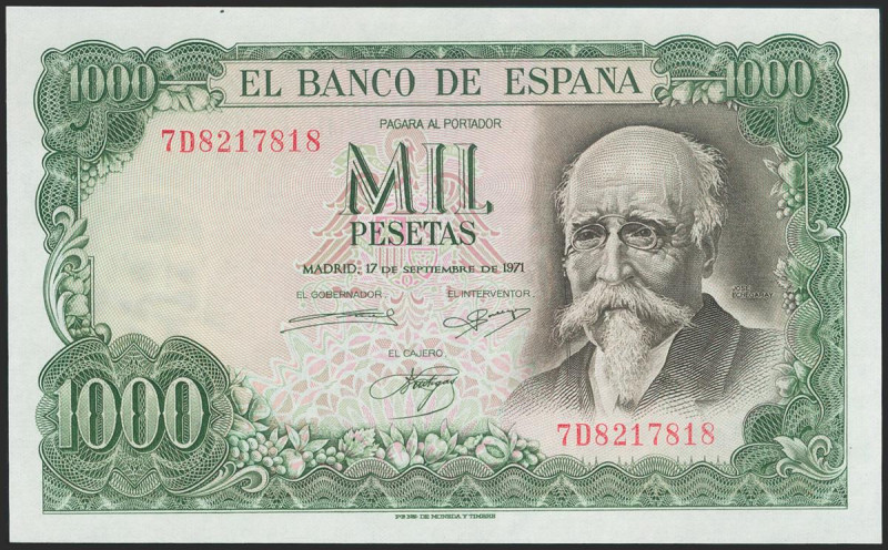 1000 Pesetas. 17 de Septiembre de 1971. Serie 7D. (Edifil 2021: 474c). Apresto o...