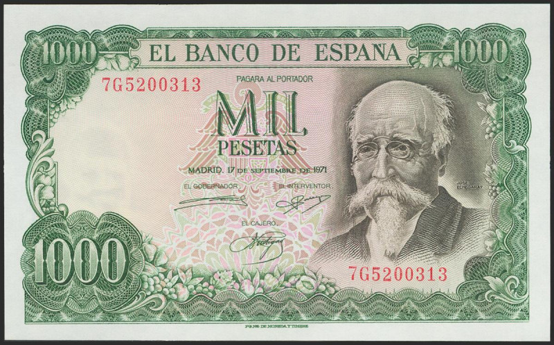 1000 Pesetas. 17 de Septiembre de 1971. Serie 7G. (Edifil 2021: 474c). Apresto o...