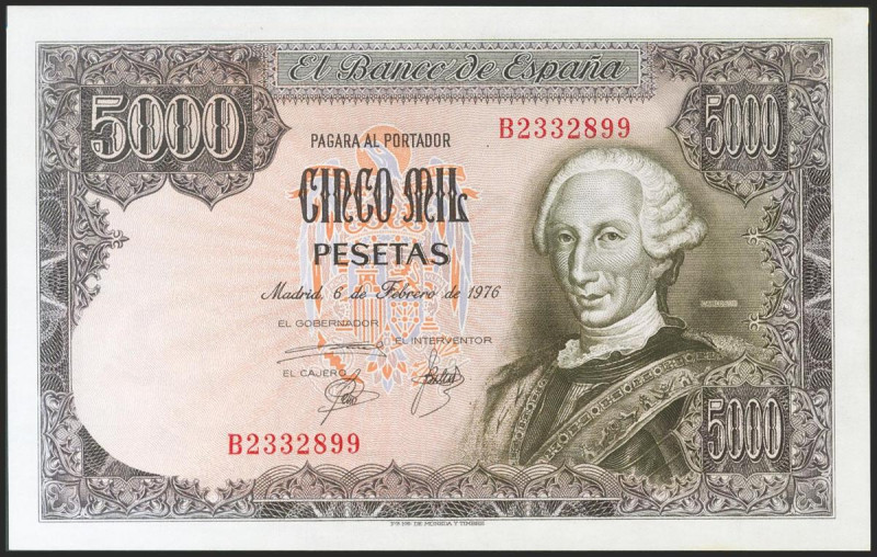 5000 Pesetas. 6 de Febrero de 1976. Serie B. (Edifil 2021: 475a). SC-.
