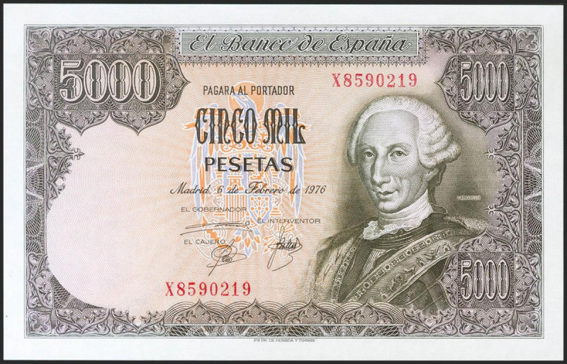 5000 Pesetas. 6 de Febrero de 1976. Serie X. (Edifil 2021: 475a). Apresto origin...