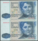 500 Pesetas. 23 de Octubre de 1979. Pareja correlativa. Sin serie, numeración baja y uno de ellos capicúa imperfecto. (Edifil 2017: 476). SC.