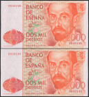 2000 Pesetas. 22 de Julio de 1980. Pareja correlativa. Sin serie y numeración muy baja. (Edifil 2021: 479). SC/SC-.