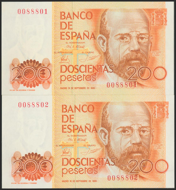 200 Pesetas. 16 de Septiembre de 1980. Pareja correlativa. Sin serie y numeració...