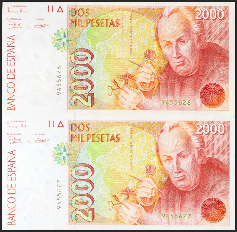 2000 Pesetas. 24 de Abril de 1992. Pareja correlativa. Sin serie. (Edifil 2021: ...