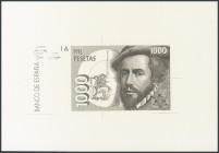 Prueba de grabado en color negro del anverso del billete de 1000 Pesetas, emitido el 12 de Octubre de 1992 (tipo II, párpado oscuro). (Edifil 2017: 48...