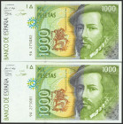 1000 Pesetas. 12 de Octubre de 1992. Pareja correlativa. Serie 9A, serie especial, Tipo I. (Edifil 2017: 483c). SC-.
