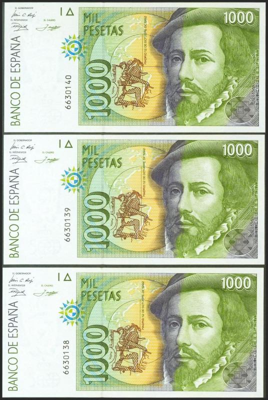 1000 Pesetas. 12 de Octubre de 1992. Trío correlativo. Sin serie. (Edifil 2021: ...