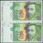 1000 Pesetas. 12 de Octubre de 1992. Pareja correlativa. Serie A y numeración muy baja. (Edifil 2017: 483a). SC.
