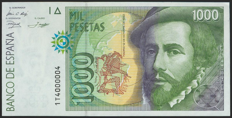 1000 Pesetas. 12 de Octubre de 1992. Serie 1T y numeración capicúa. (Edifil 2021...