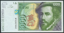 1000 Pesetas. 12 de Octubre de 1992. Serie 2D, Tipo II y numeración capicúa. (Edifil 2017: 483b). SC.