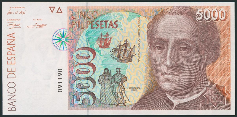 5000 Pesetas. 12 de Octubre de 1992. Capicúa. Sin serie. Apresto original. (Edif...