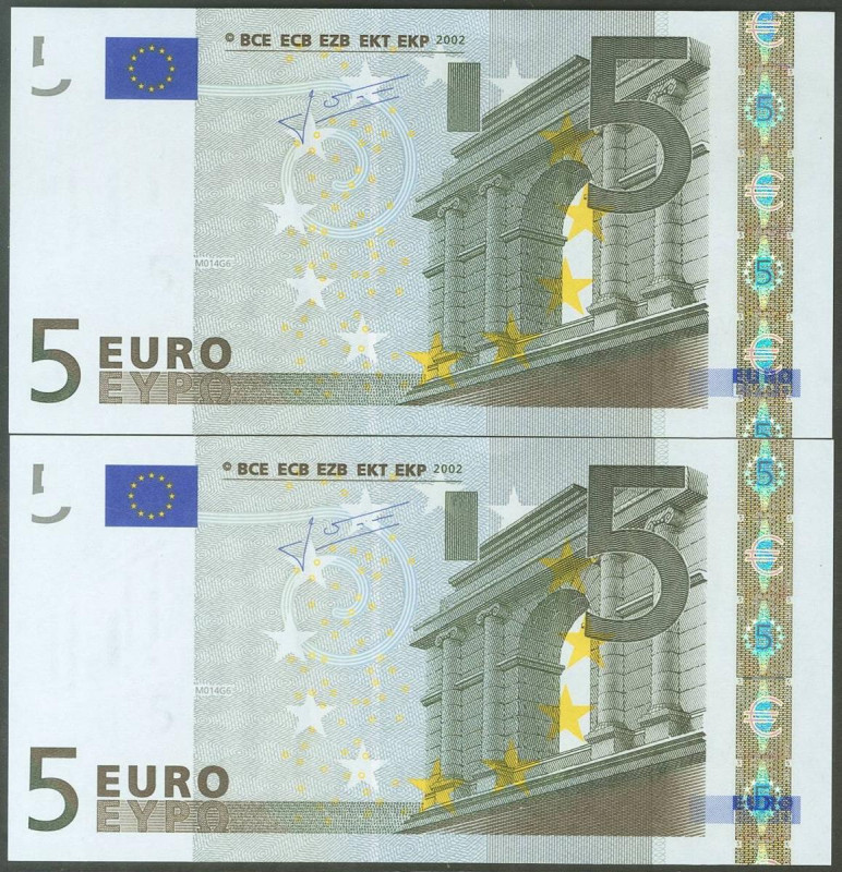 5 Euros. 1 de Enero de 2002. Pareja correlativa. Firma Trichet. Serie V (España)...