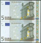 5 Euros. 1 de Enero de 2002. Pareja correlativa. Firma Trichet. Serie V (España) (cabe recordar que el último dígito de la numeración de todos los bil...