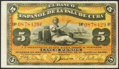 BANCO ESPAÑOL DE LA ISLA DE CUBA. 5 Pesos. 15 de Mayo de 1896. Sobrecarga PLATA, en el reverso. (Edifil 2021: 81). Raro, apresto original. SC-.