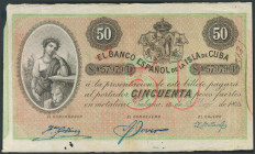 CUBA. 50 Pesos. 15 de Mayo de 1896. Sobrecarga PLATA. (Edifil 2017: 83). Dos puntitos de polilla". MBC+."