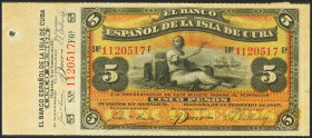 BANCO ESPAÑOL DE LA ISLA DE CUBA. 5 Pesos. 13 de Febrero de 1896. Serie F, matriz a la izquierda. (Edifil 2021: 72). Apresto original, rarísimo con la...
