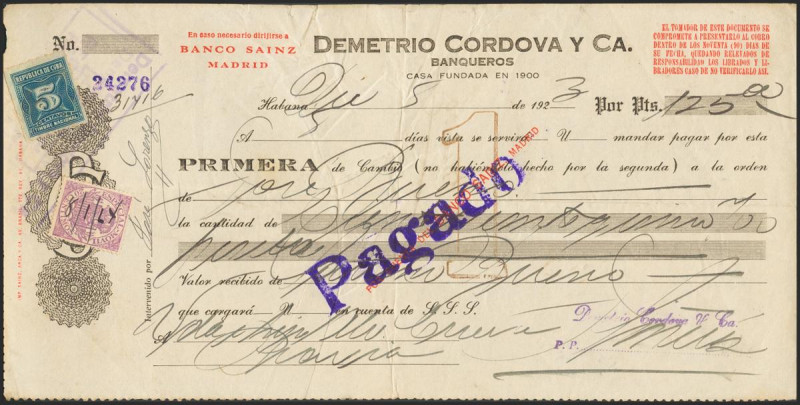 CUBA. Conjunto de 4 cheques y una Letra de Cambio, emitidos y abonados en bancos...