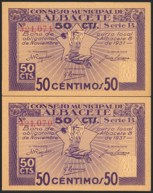 ALBACETE. 50 Céntimos. 8 de Noviembre de 1937. Pareja correlativa. Tampón Nulo s...