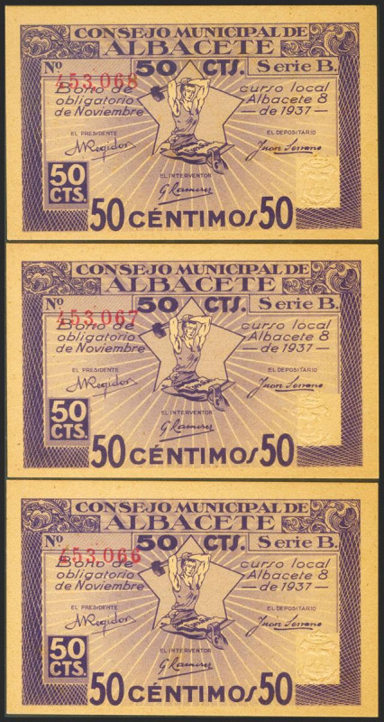 ALBACETE. 50 Céntimos. 8 de Noviembre de 1937. Trío correlativo. Tampón Nulo sol...