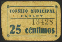 CARLET (VALENCIA). 25 Céntimos. (1936ca). (González: 1661). Raro. MBC+.