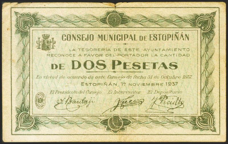 ESTOPIÑAN (HUESCA). 2 Pesetas. 1 de Noviembre de 1937. (González: 2386). Muy rar...