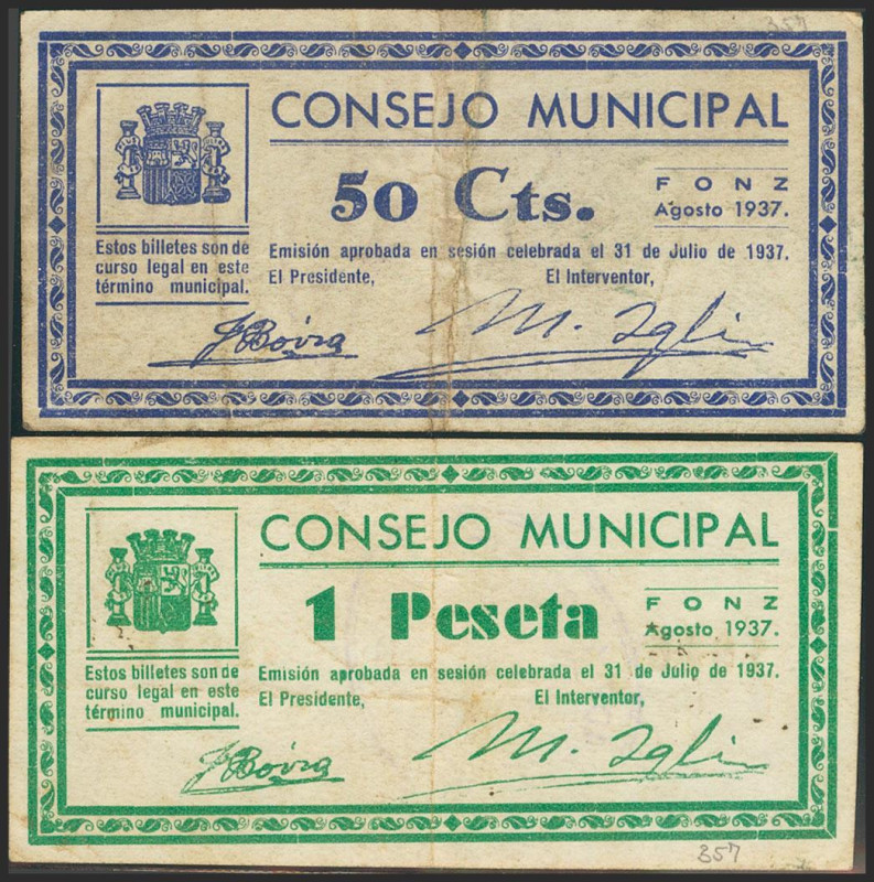 FONZ (HUESCA). 50 Céntimos y 1 Peseta. Agosto 1937. (González: 2477, 2478). Esca...